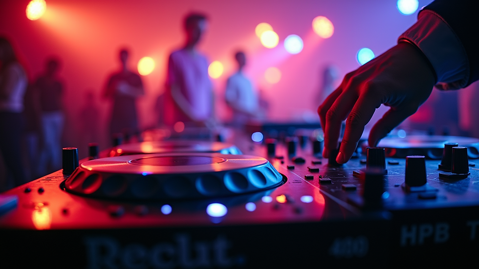 Eye-level view of DJ setup with colorful lights at an event