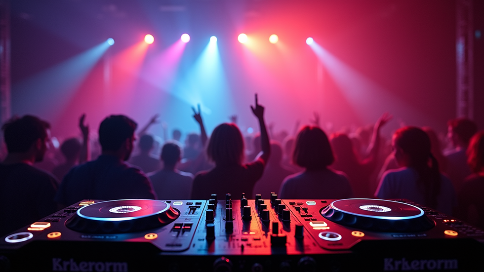Eye-level view of DJ booth with colorful lights at a lively party