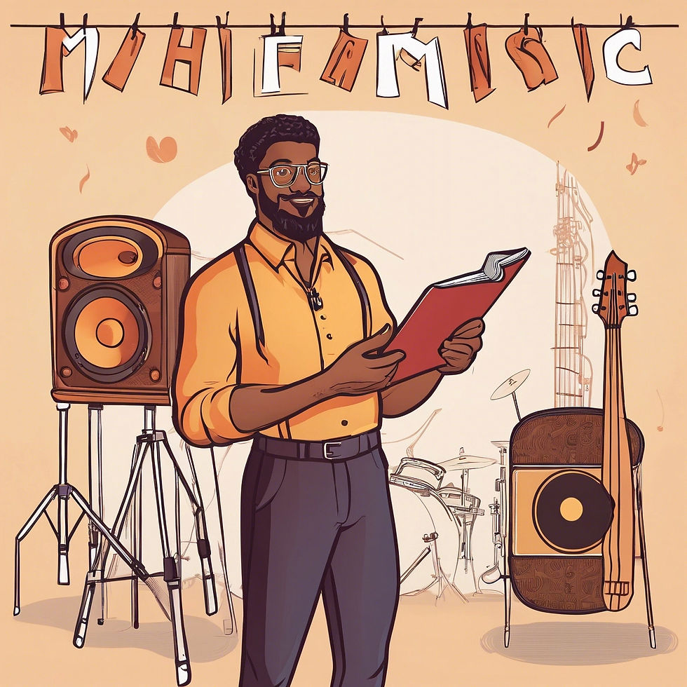 An event planner holding a clipboard, discussing music choices with a multicultural couple, surrounded by traditional and modern musical elements.