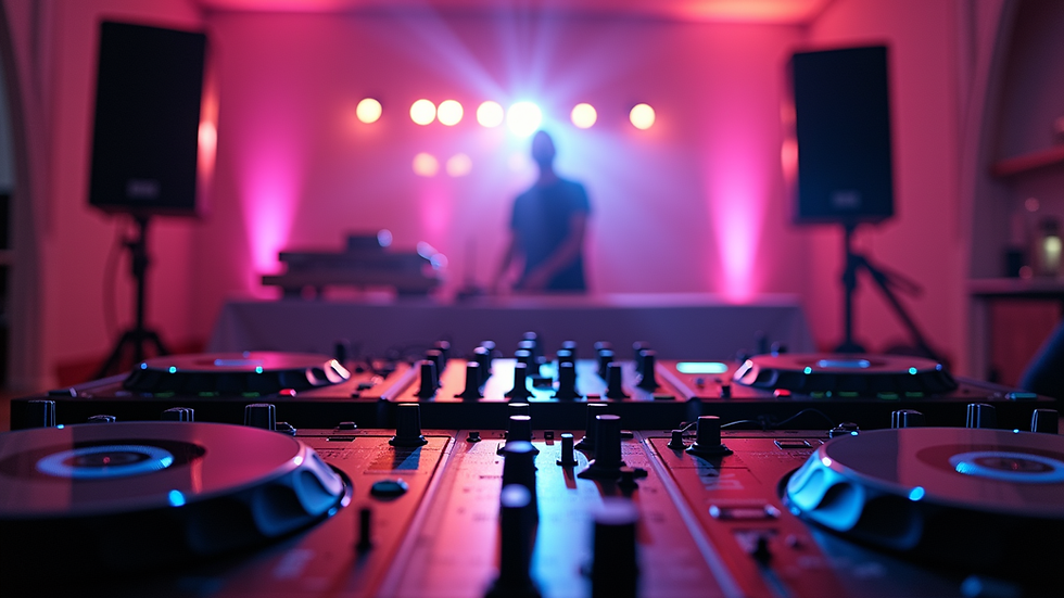 Eye-level view of DJ setup with speakers and lighting at a wedding venue