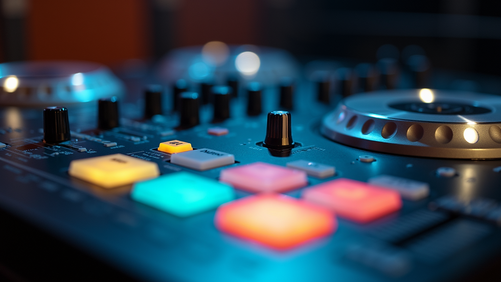Close-up view of DJ mixer with colorful buttons and sliders