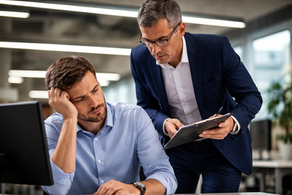 mężczyzna w garniturze, tłumaczy coś zmęczonemu pracownikowi przed komputerem