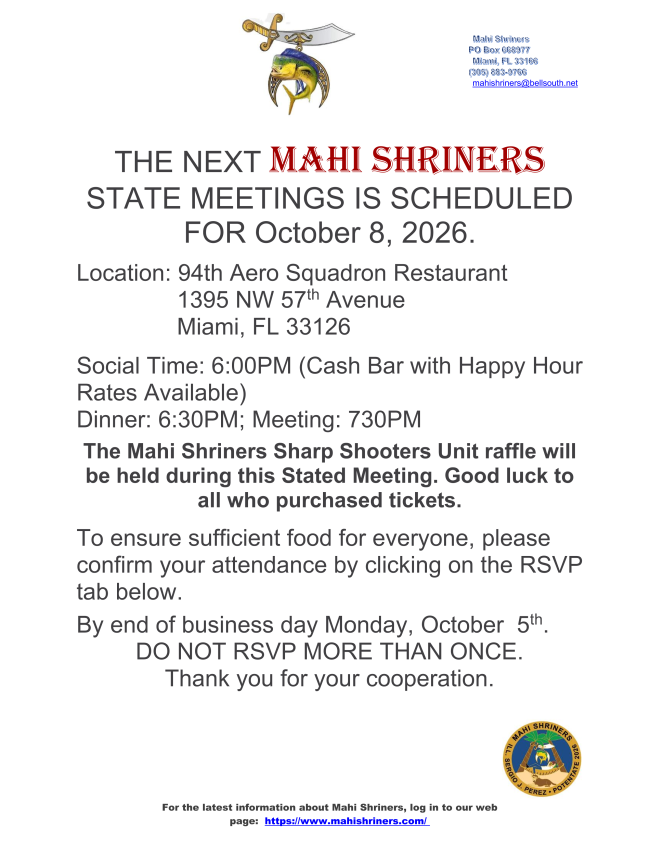 Oct 8th 2026 - Stated Meeting - Mahi Shrine