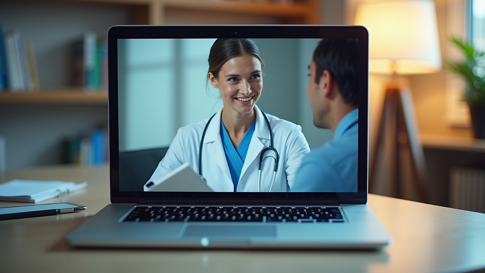 Eye-level view of a laptop showing an online medical consultation