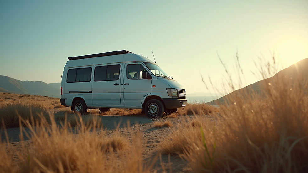 Eye-level view of a camper van parked in a scenic location