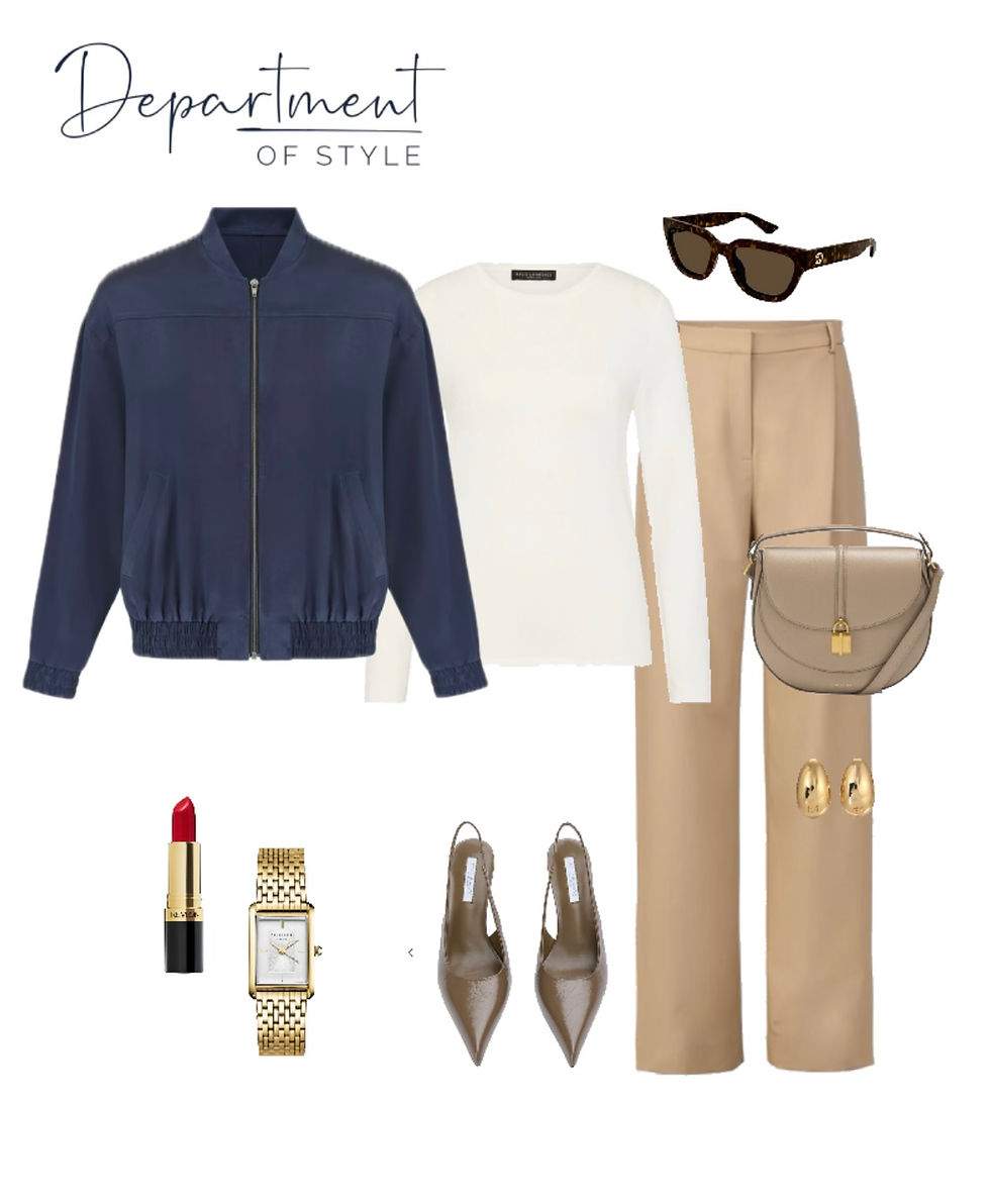 Stylish outfit featuring navy jacket, white top, beige pants. Accessories include brown sunglasses, gold watch, red lipstick, taupe heels, bag. Ladies Bomber Jacket Style Guide Text: Department of Style