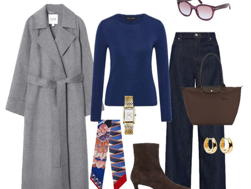 Gray trech coat, blue sweater, dark jeans, brown bag, ankle boots, sunglasses, watch, scarf, and earrings on a white background. "Department of Style" text.