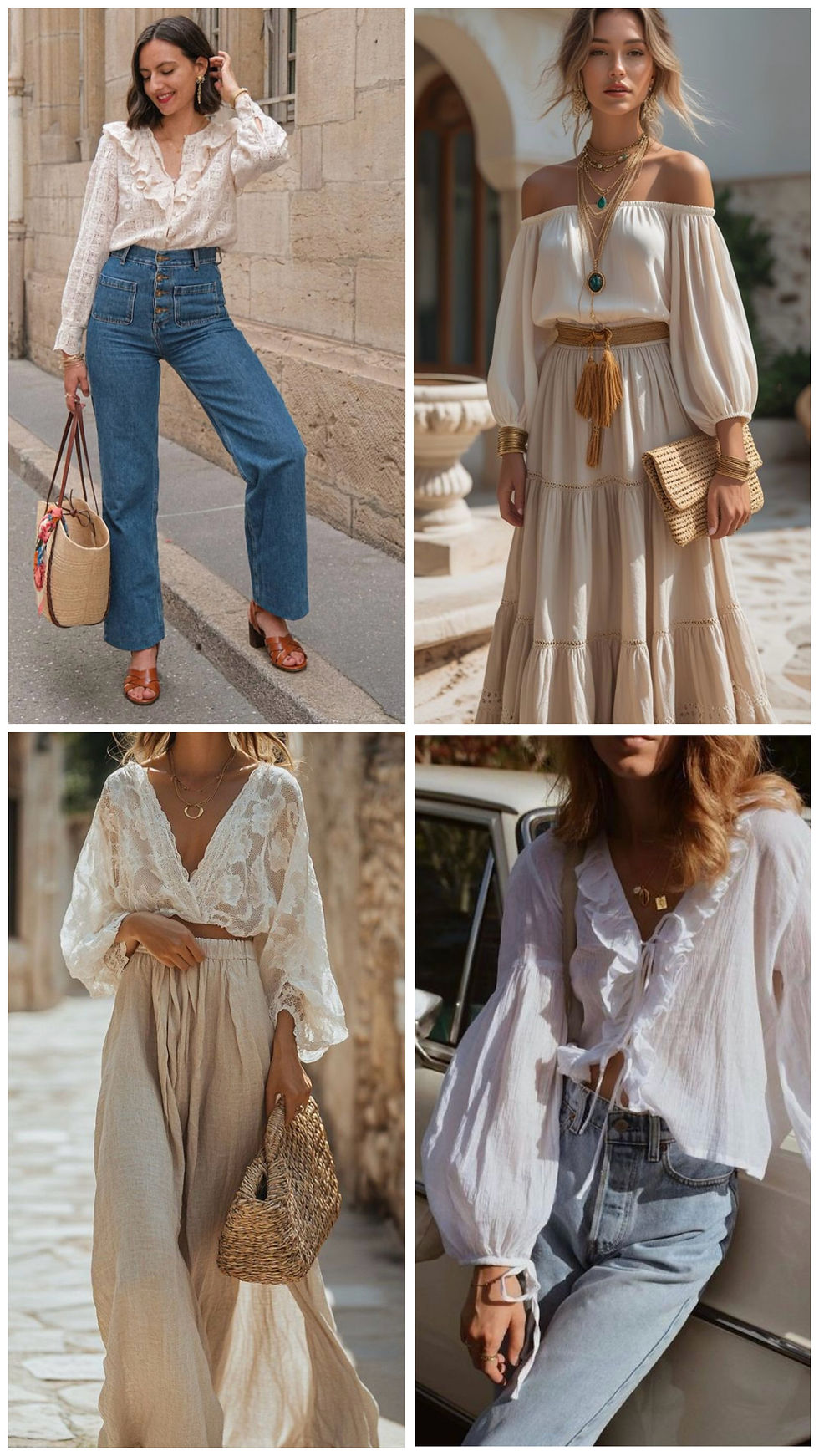 Four women in different stylish outfits: jeans and blouse, off-shoulder dress, lace top with skirt, and blouse with denim, all holding woven bags.