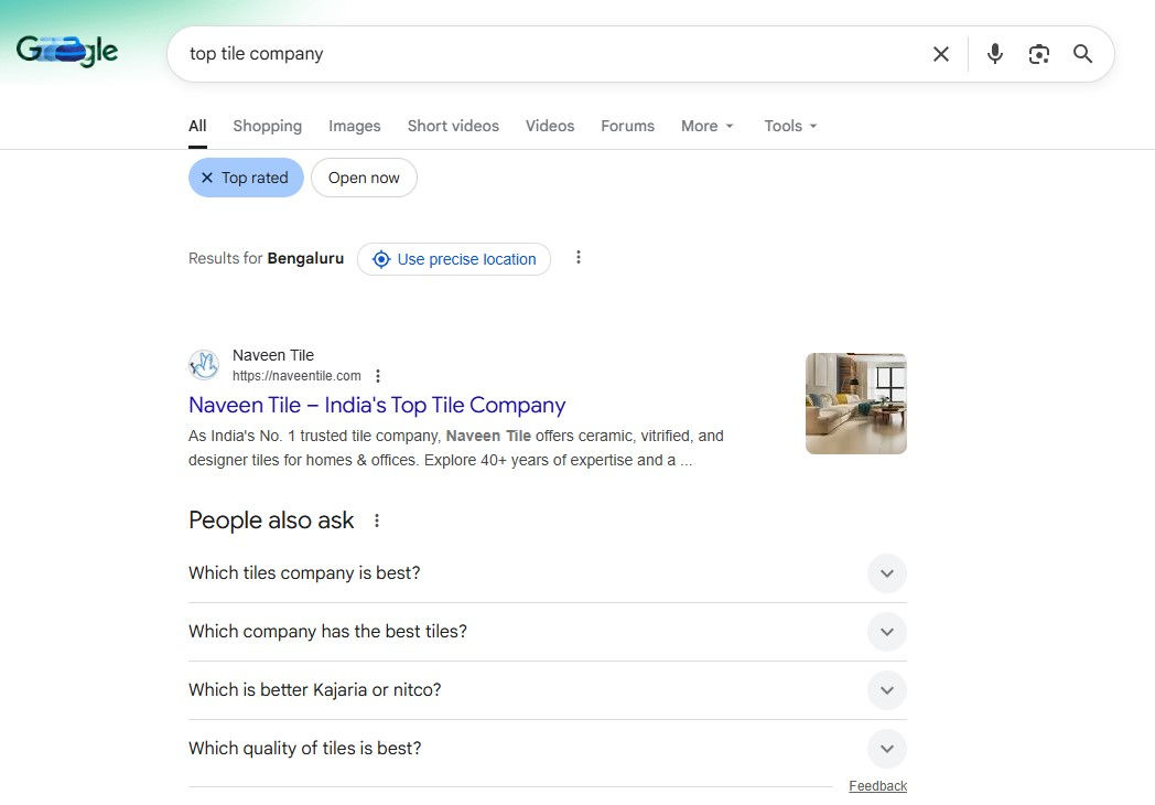 Naveen tile ranking #1 for Top Tiles Company on Google