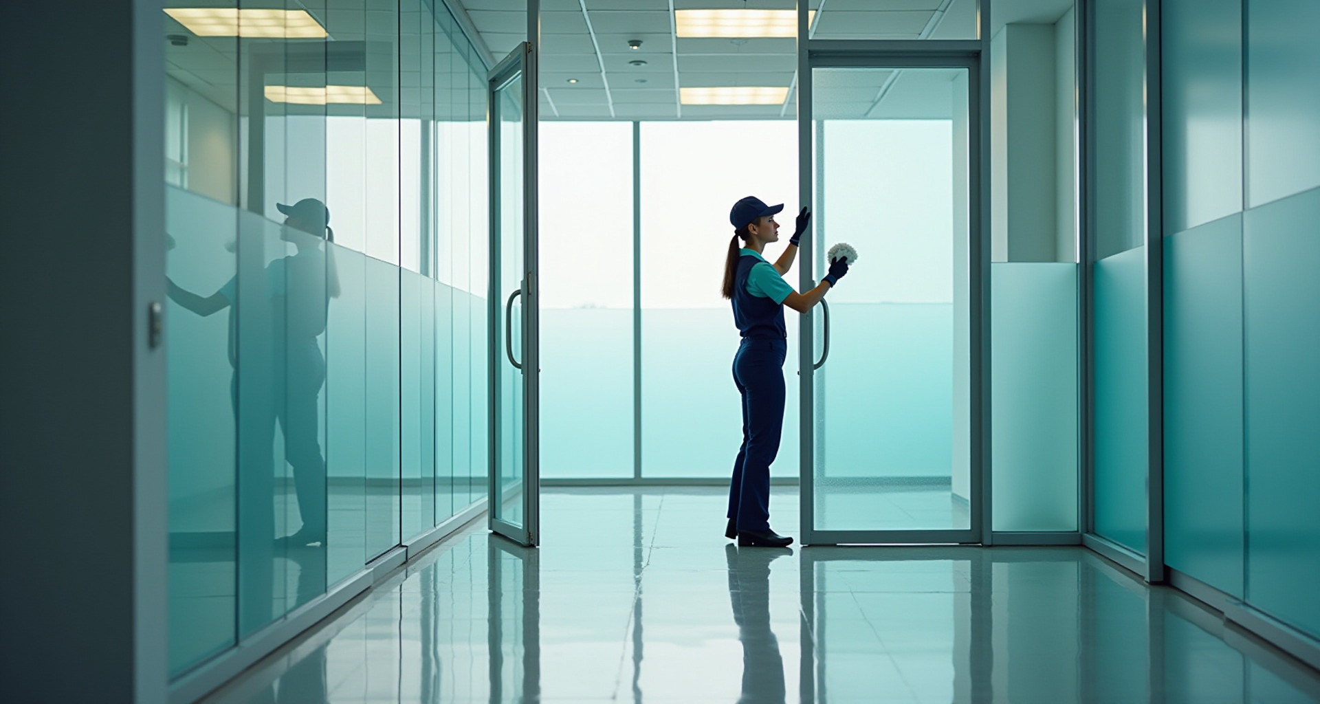 Modern office building with professional cleaning service
