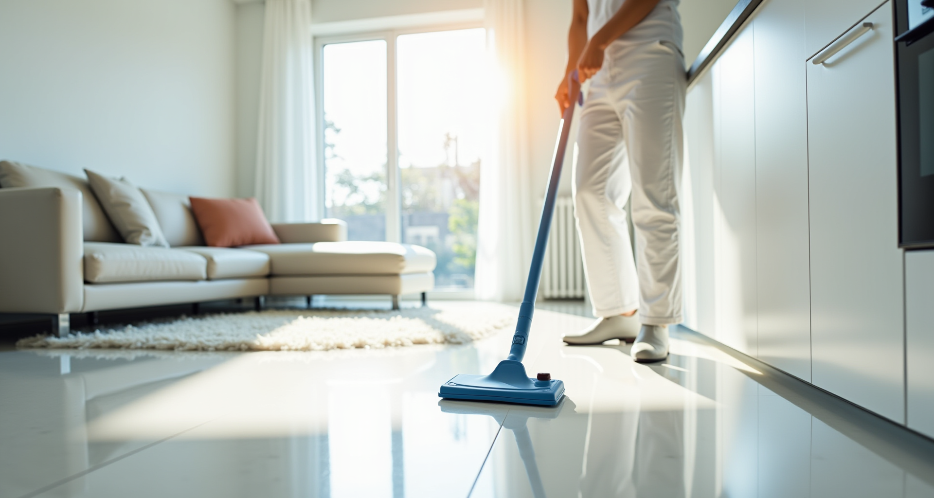 Professional cleaning service - pristine modern interior with sparkling clean surfaces and natural lighting