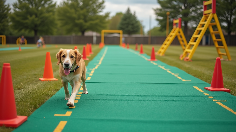High angle view of a colorful outdoor agility course with cones and ladders