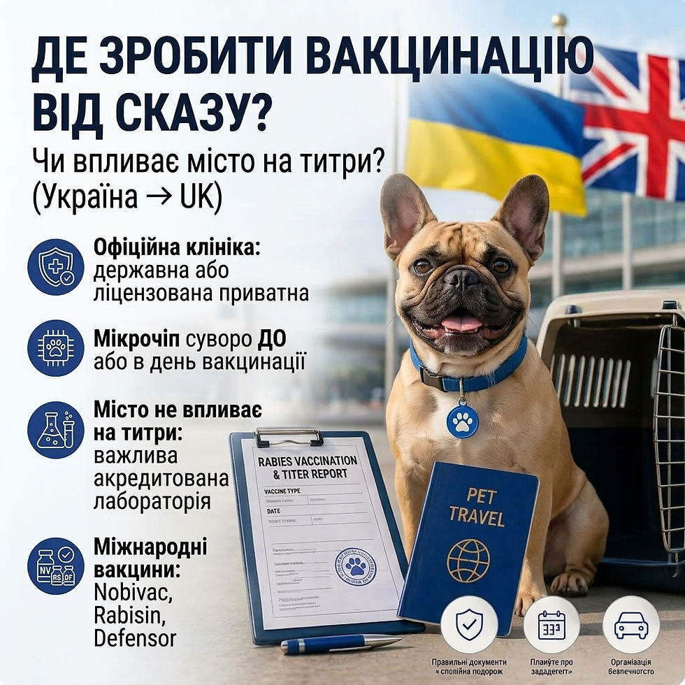 Де зробити вакцинацію від сказу для тварини та чи впливає місто на титри? (Україна → UK)