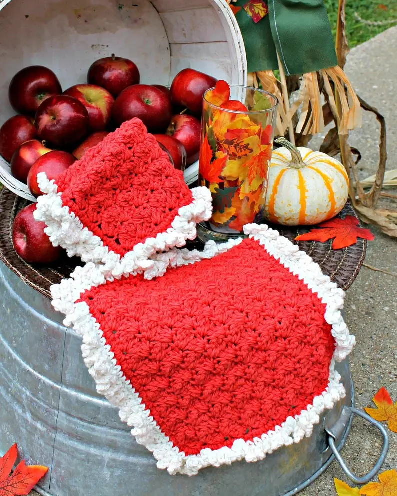 Hand Crocheted Cotton Washcloth - Red and Ecru