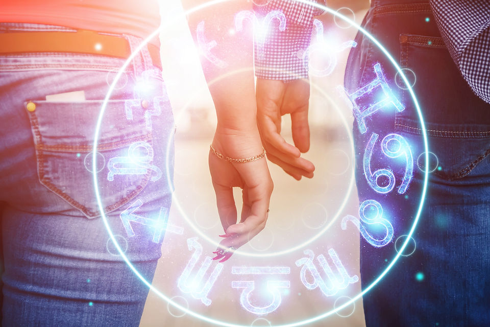 Horoscope concept, couple guy and girl on the background of a circle with the signs of the