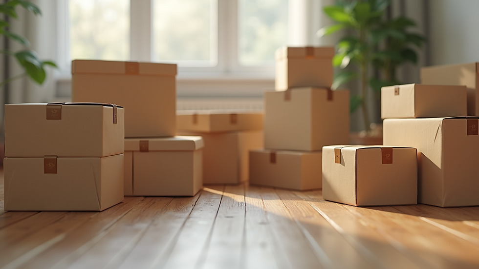 Close-up view of various sized shipping boxes arranged on a wooden floor
