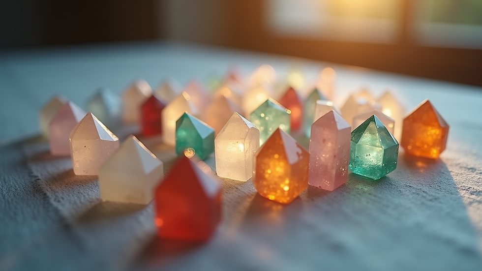 Close-up view of a crystal grid arranged for energy healing
