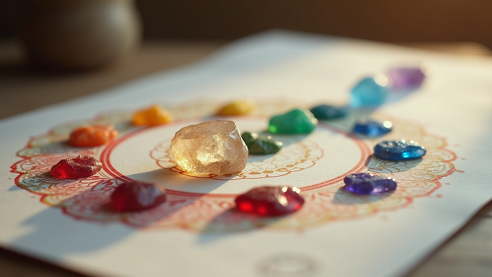 Close-up view of a crystal placed on a chakra chart during a healing session