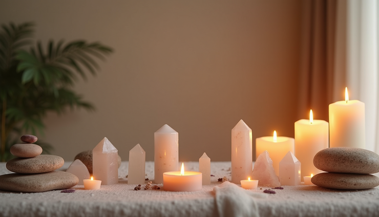 Eye-level view of a peaceful healing space with crystals and candles arranged for an energy healing session