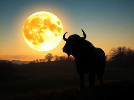 A luminous, oversized full moon glowing with hues of deep gold and amber hangs low in a twilight sky. The glowing orb casts a soft, warm light over a serene landscape of rolling, deep green pastures and mature, frost-tipped autumn trees. Silhouetted against the horizon, a powerful bull stands steady on the rich, dark earth, looking up at the celestial glow. The atmosphere is calm, abundant, and grounded, perfectly reflecting the astrological energy of Taurus.