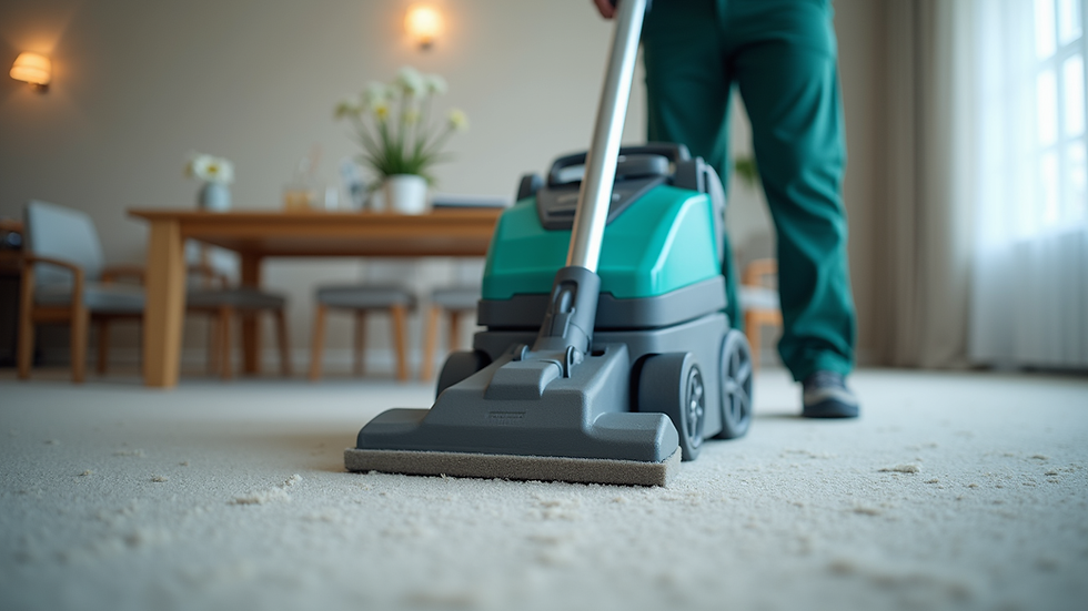 Eye-level view of a professional cleaner using a carpet cleaning machine