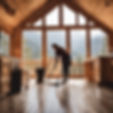 A woman mopping a modern cabin floor in the California mountains; daytime.jpg