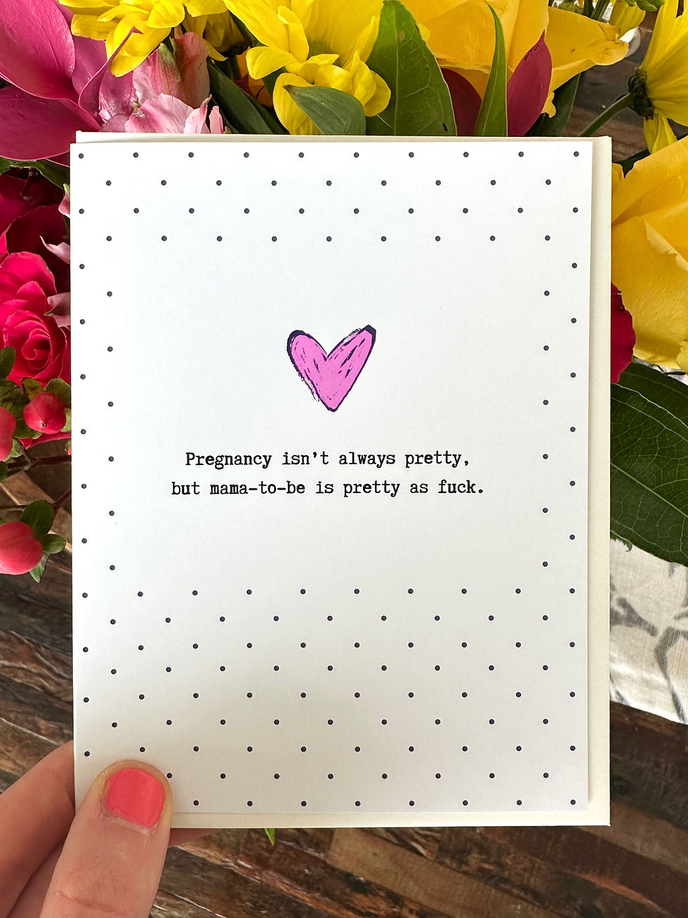Thumbnail: pregnancy greeting card with flowers love note polka dot pretty pink heart husband to wife
