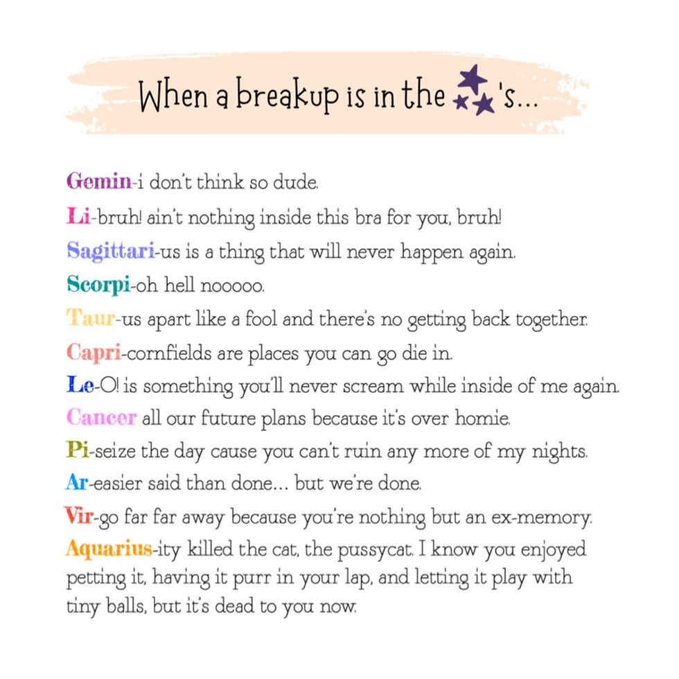 Thumbnail: zodiac sign greeting card breakup friendship love funny star sign Aries, Taurus, Gemini, Cancer, Leo, Virgo, Libra, Scorpio