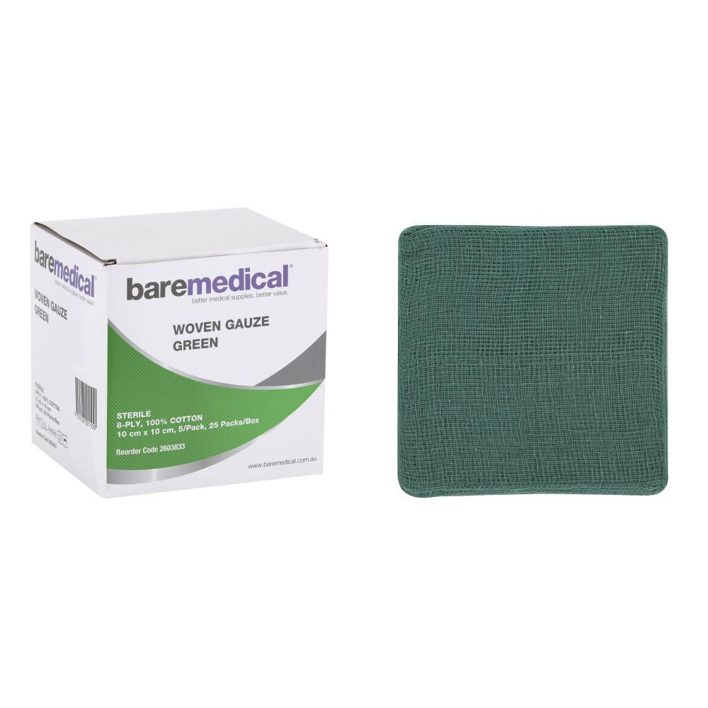 WOVEN GAUZE SPONGE GREEN 5S 8PLY 10CM X 10CM ST SU BAREMEDICAL- 2603833