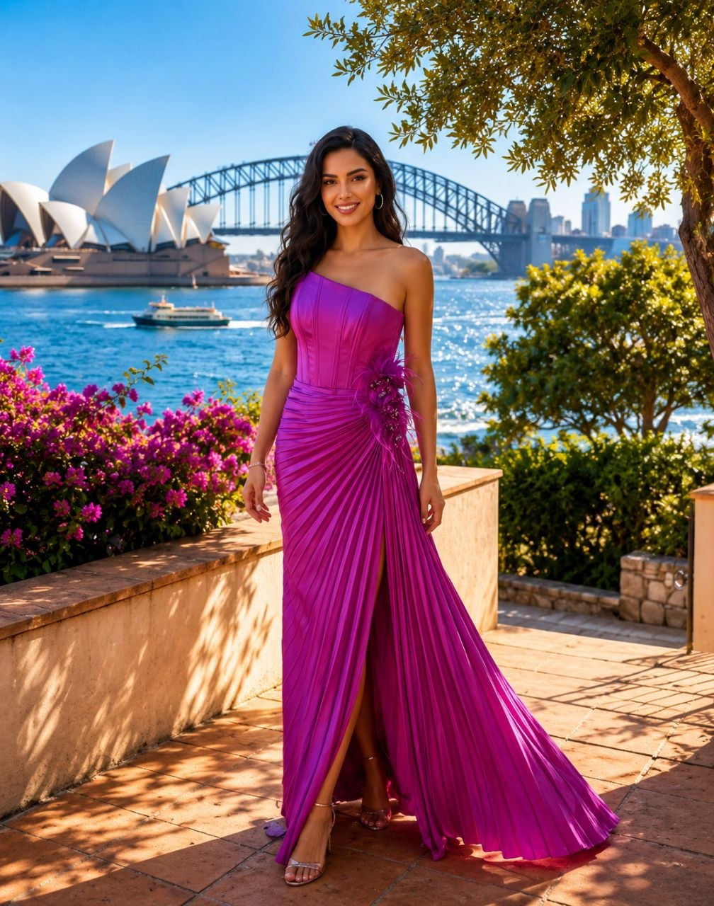 Livia Amethyst One-Shoulder Pleated Evening Gown