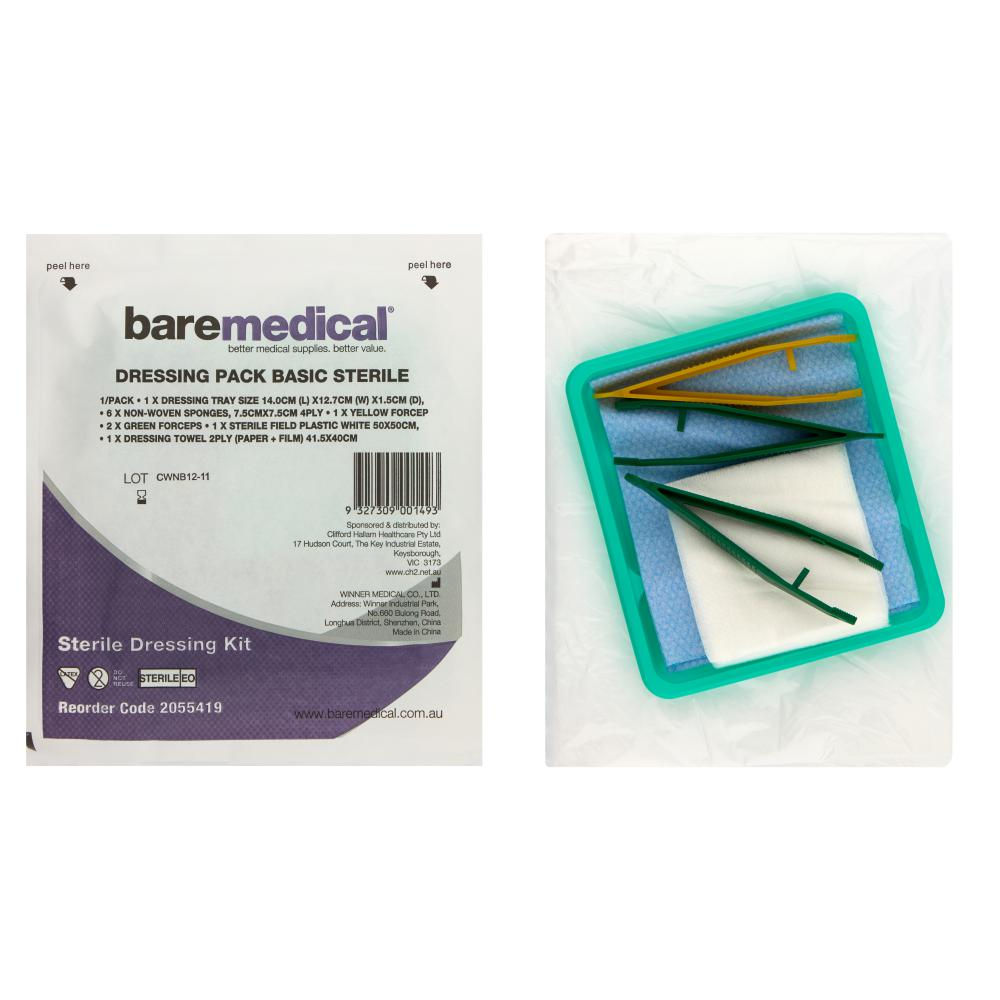 DRESSING PACK BASIC STERILE 3 FORCEPS + 6 GAUZE SWABS BAREMEDICAL- 2055419