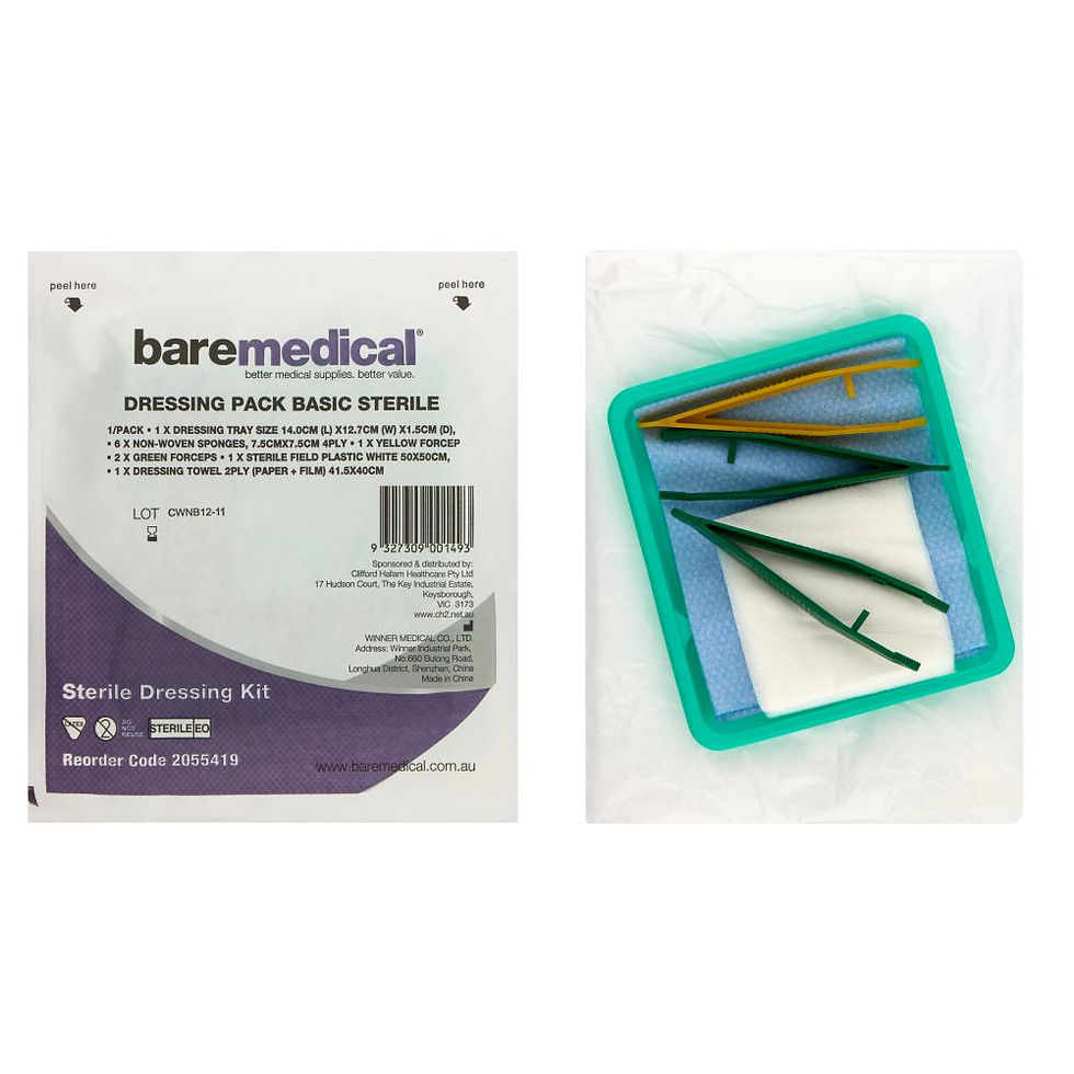 Thumbnail: DRESSING PACK BASIC STERILE 3 FORCEPS + 6 GAUZE SWABS BAREMEDICAL- 2055419