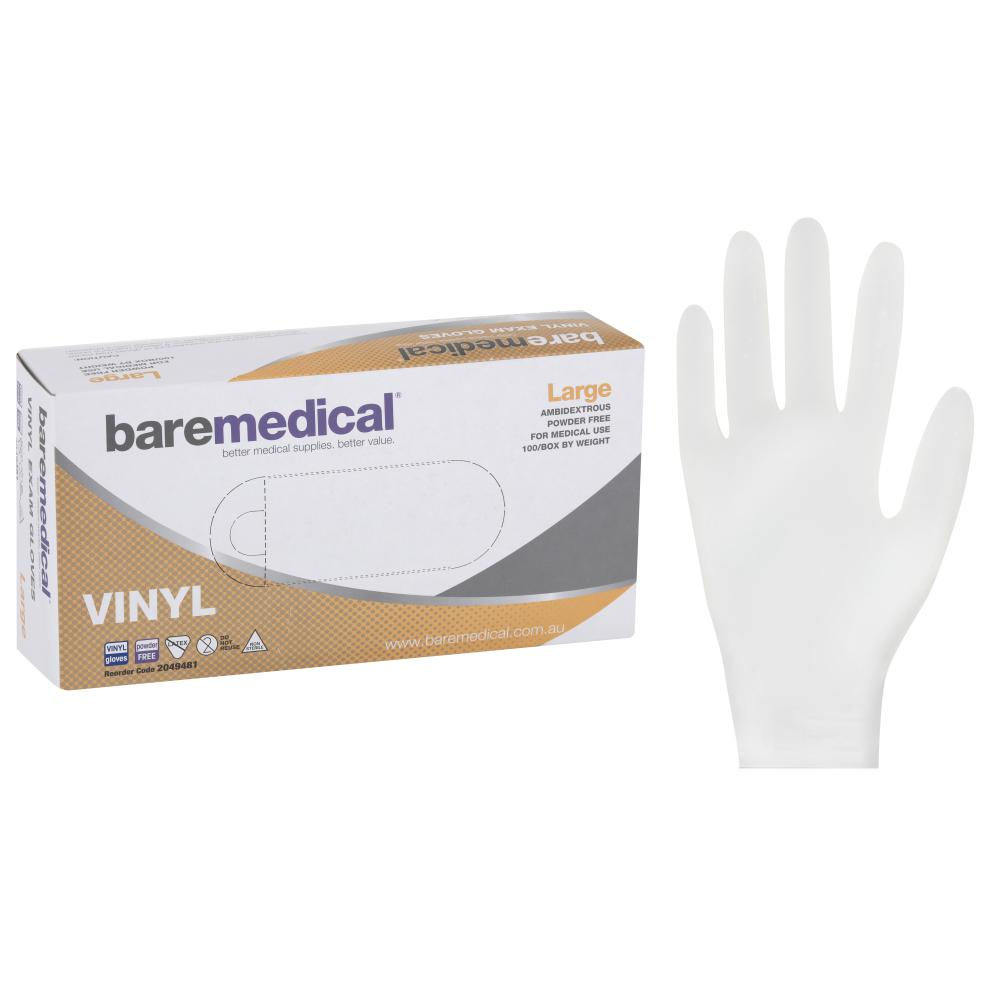GLOVE EXAM VINYL LARGE N/S P/FREE STD CUFF CLEAR BAREMEDICAL- 2049481