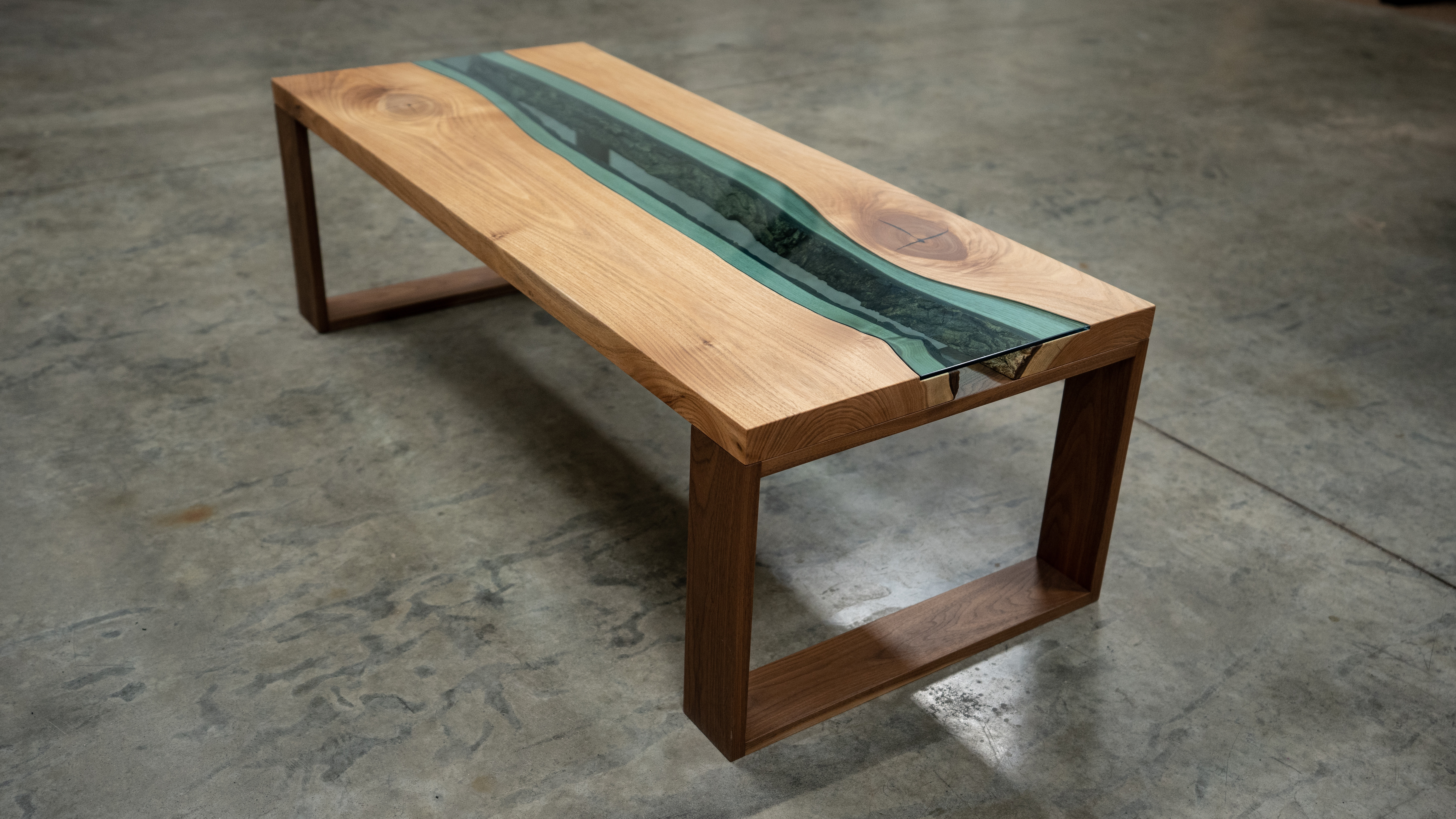 English Walnut Glass River Coffee Table