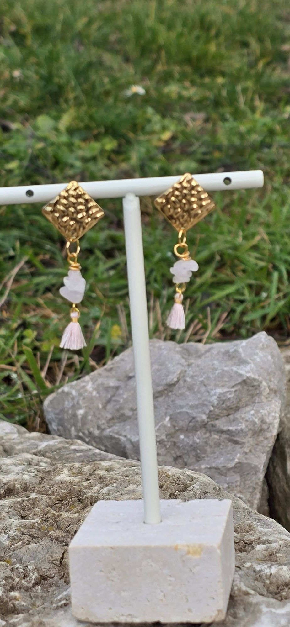 Miniature : Paire de boucle d'oreilles en pierre naturelle de quartz rose