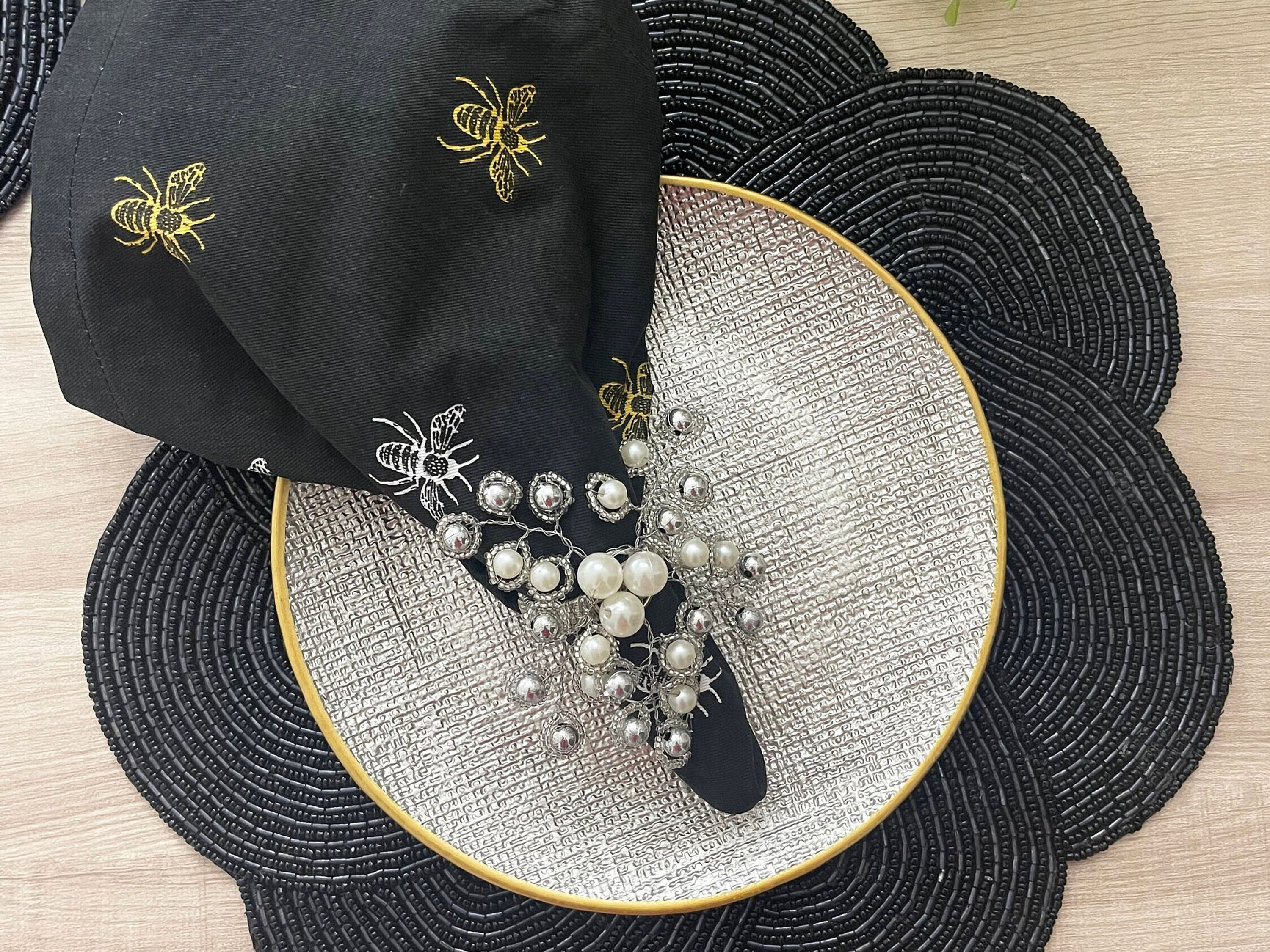 Set of 4, Handmade placemat, scalloped beaded tablemat, black