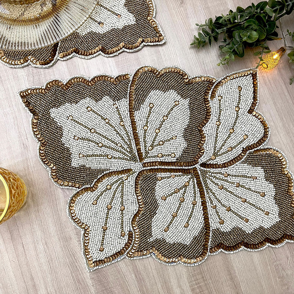Set of 4, Handmade beaded placemat, tablemat, 14 inch, cream gold chargerplate
