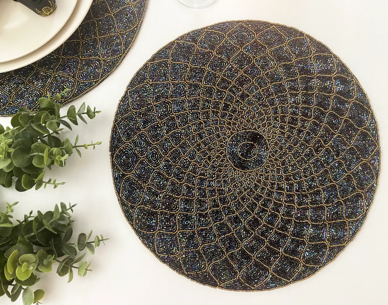 Set of 12, Handmade placemat, beaded round, blue gold, 14 inch