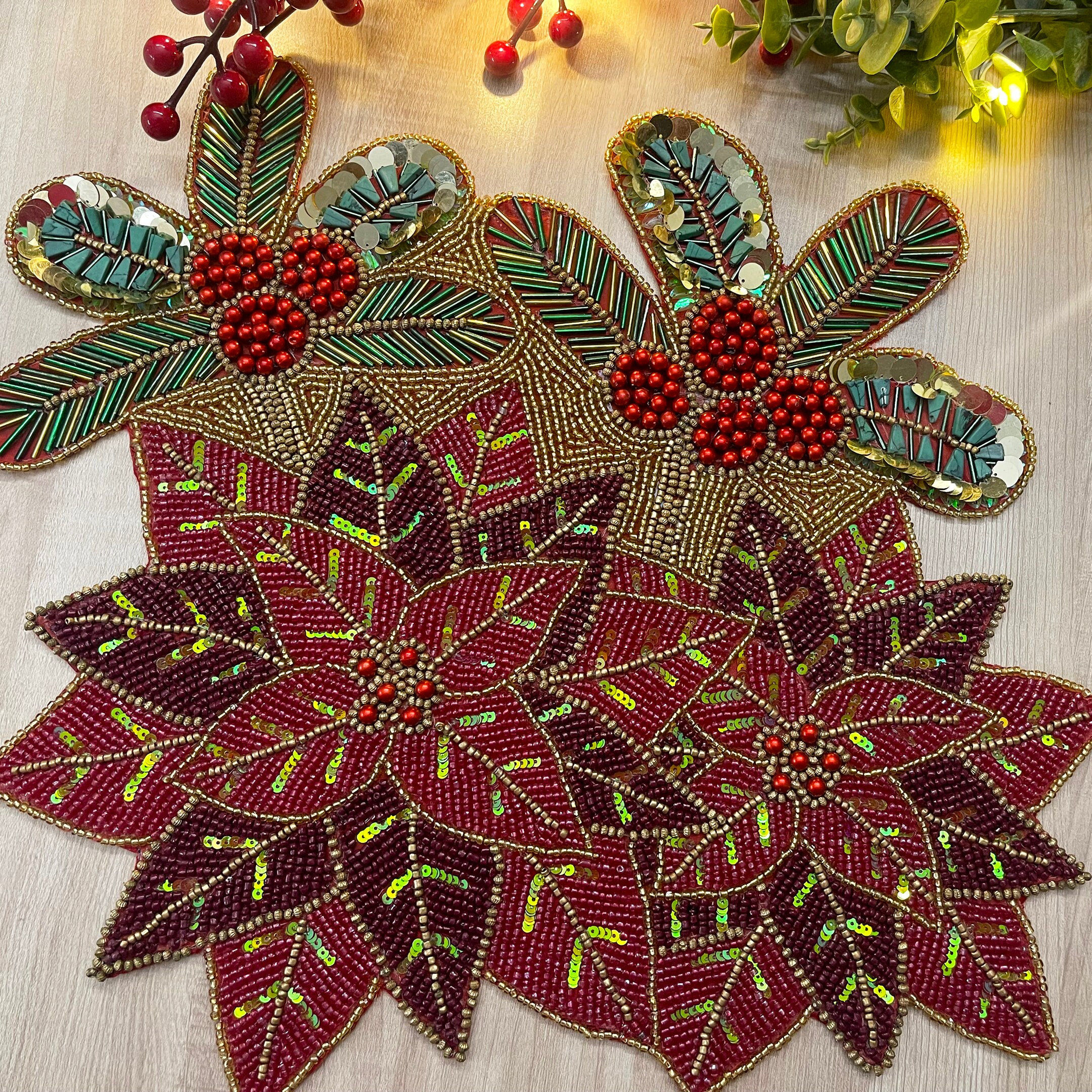 Set of 4, Christmas poinsettia placemat, handmade beaded table mat