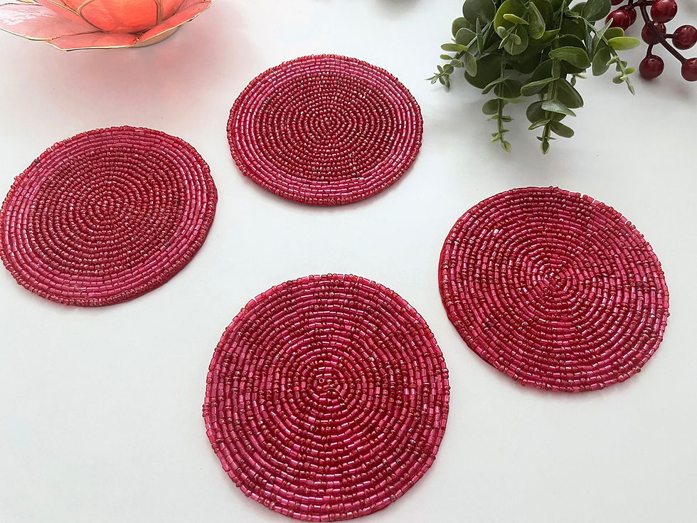Thumbnail: Coasters set of 6, drink coasters, pinkish red beaded, housewarming gift