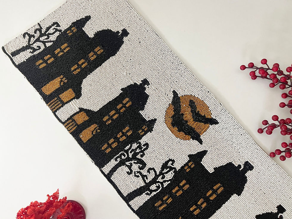 Thumbnail: Handmade bead table runner, Halloween night, black orange and white fall runner