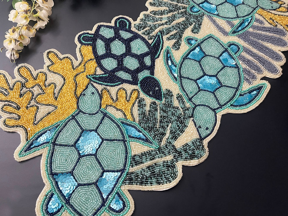 Thumbnail: Handmade bead table runner, coastal, ocean, sea turtle & coral, aqua, 13x36inch