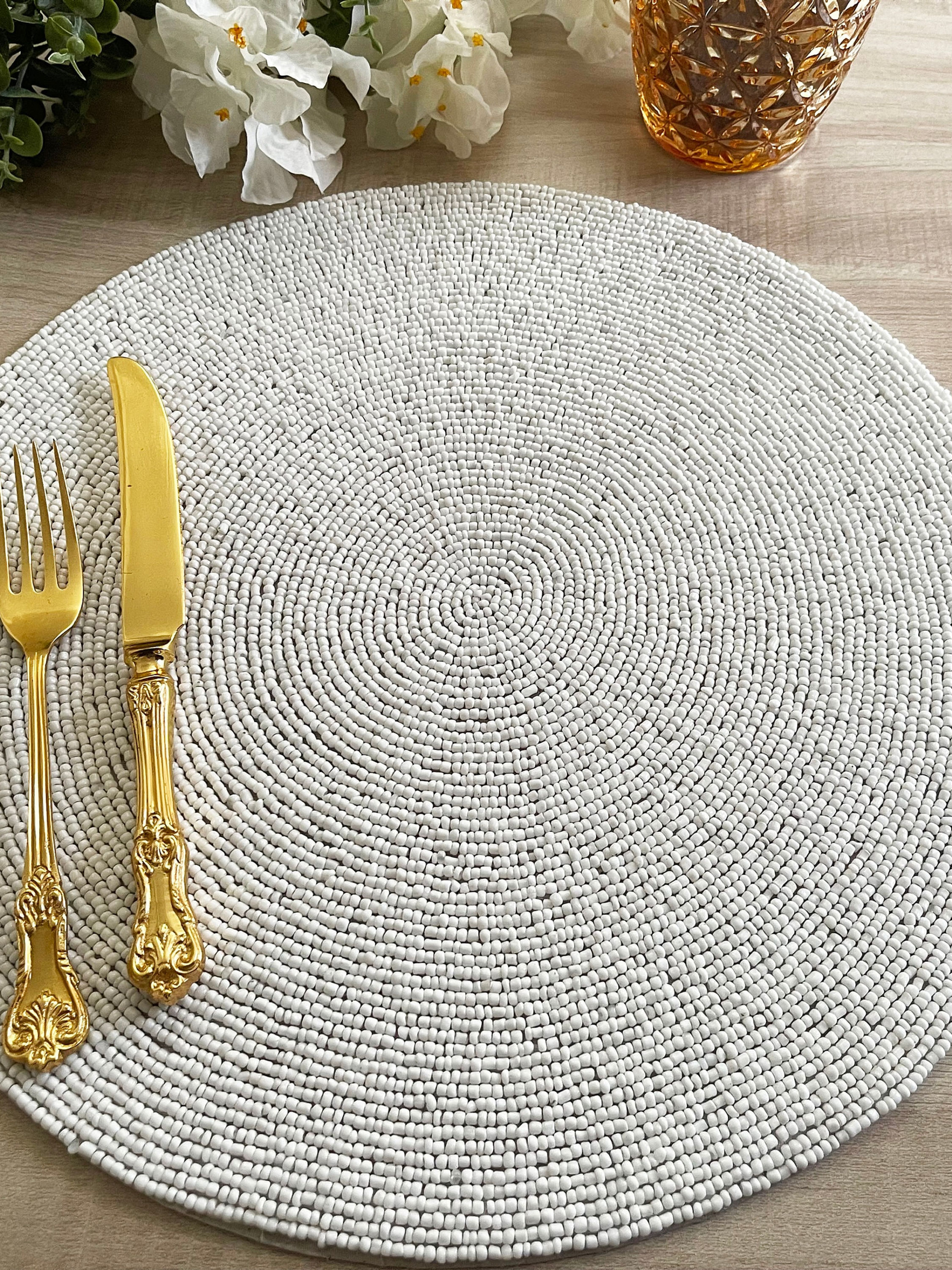 Set of 6, Handmade beaded placemat, beaded table mat, white