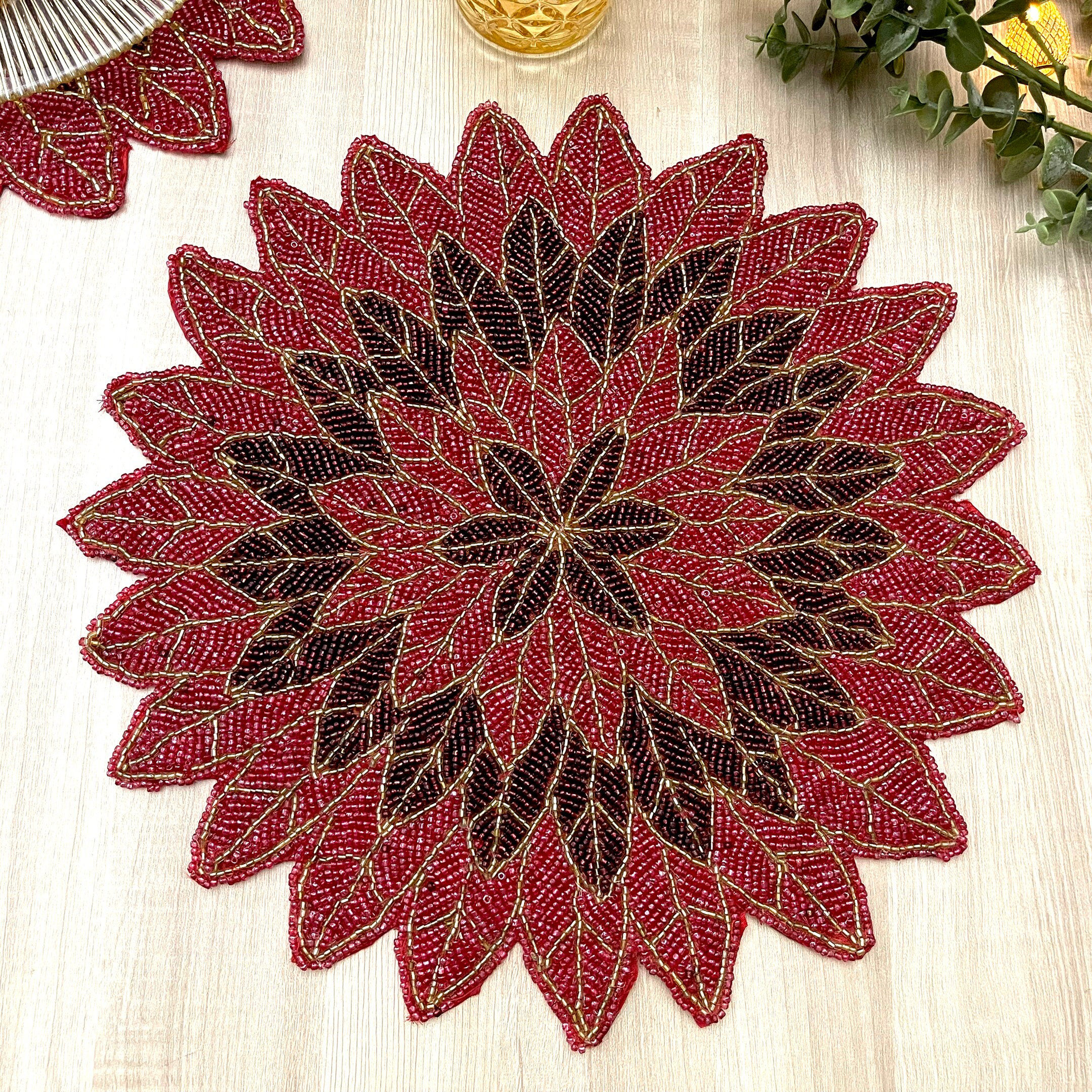 Set of 4, Christmas Poinsettia beaded placemat, christmas decor