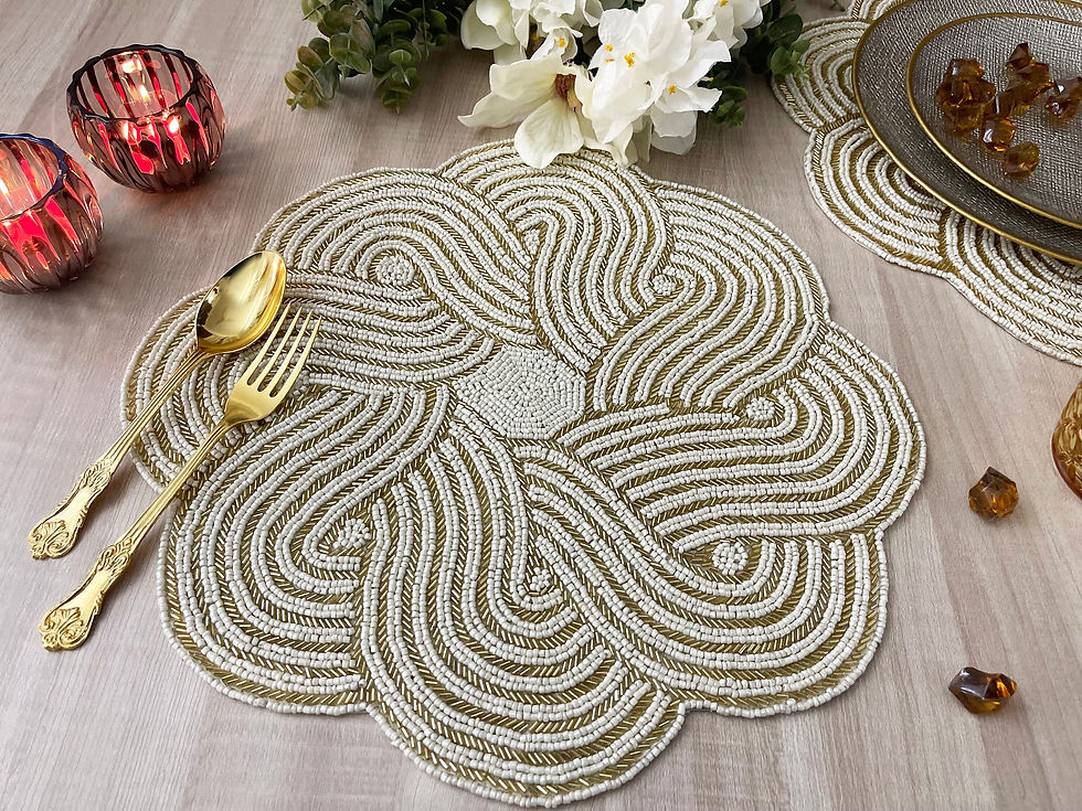 Thumbnail: Set of 4, Handmade placemat, scalloped beaded tablemat, white with gold