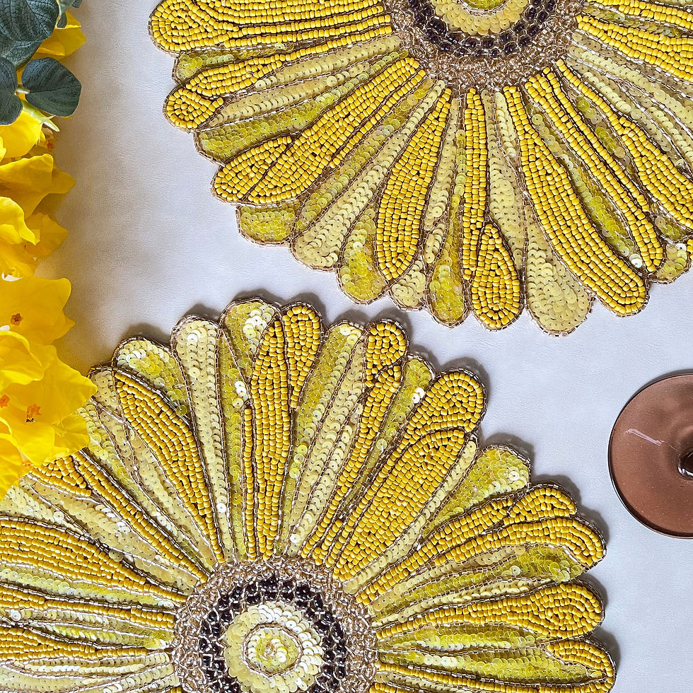 Thumbnail: Set of 4, Handmade beaded placemat, floral yellow, 14 inch, charger plate