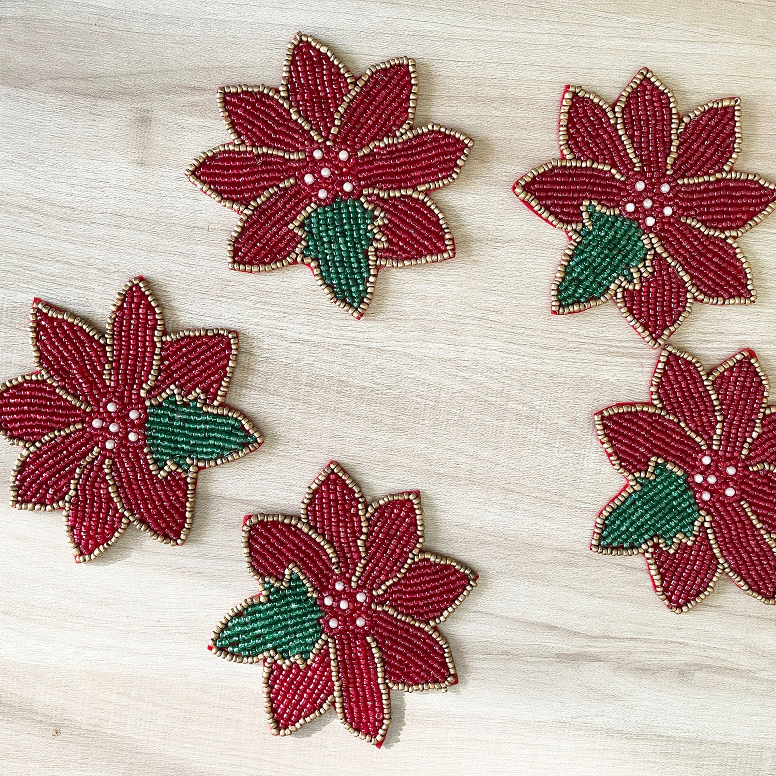 Set of 6 coasters, drink coasters, poinsettia beaded coasters, housewarming gift