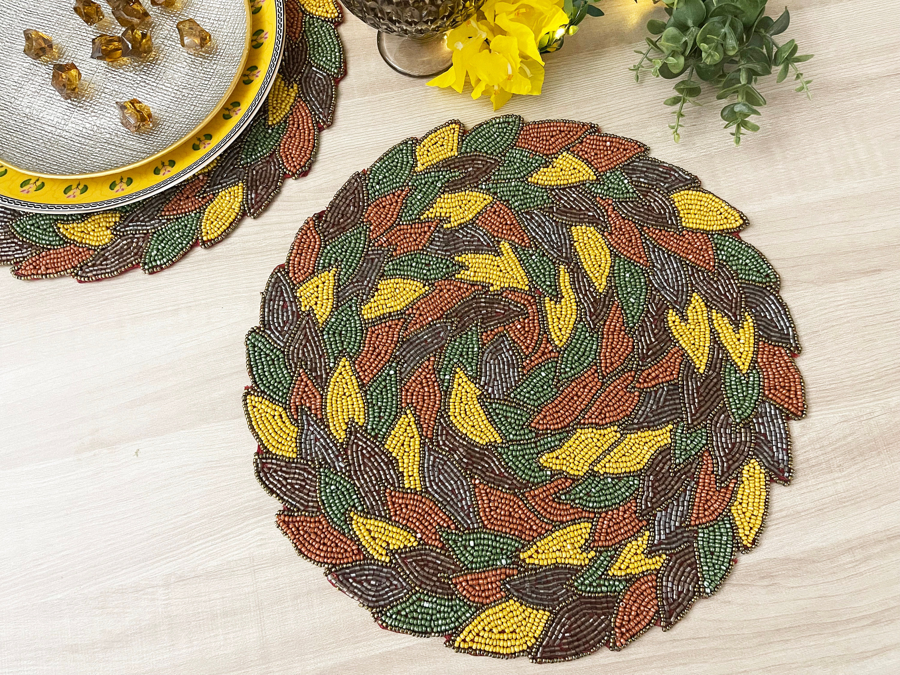 Set of 4, Handmade beaded placemat, tablemat, 14 inch, petal bead charger