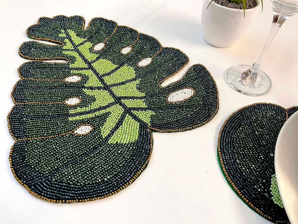 Thumbnail: Set of 4, Handmade beaded placemat, leaf tablemat, 14 inch, green