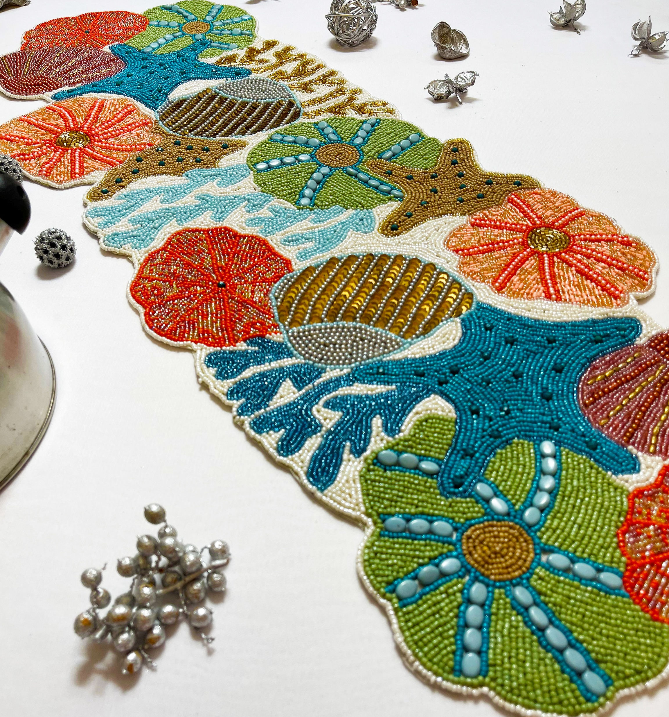 Handmade table runner, beaded table runner, coral design table decor, 13x36inch